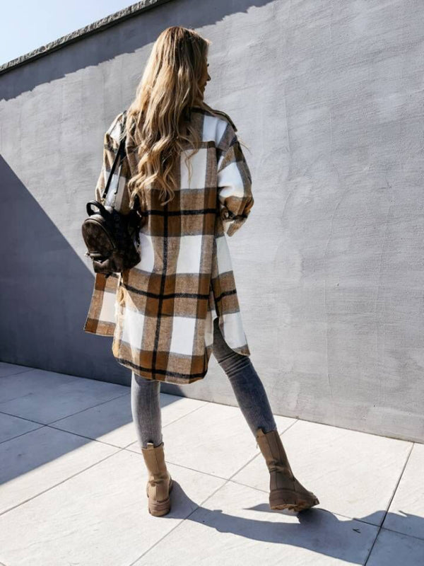 Single Breasted Plaid Long Sleeved Shirt Jacket