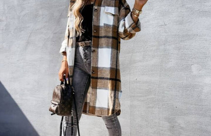Single Breasted Plaid Long Sleeved Shirt Jacket