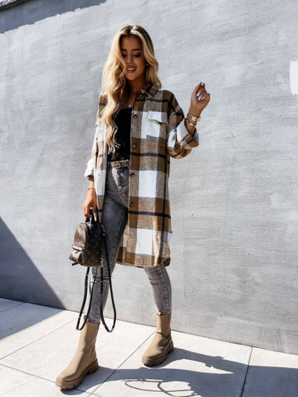 Single Breasted Plaid Long Sleeved Shirt Jacket