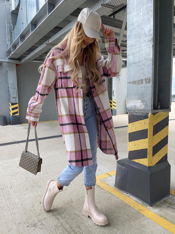 Single Breasted Plaid Long Sleeved Shirt Jacket