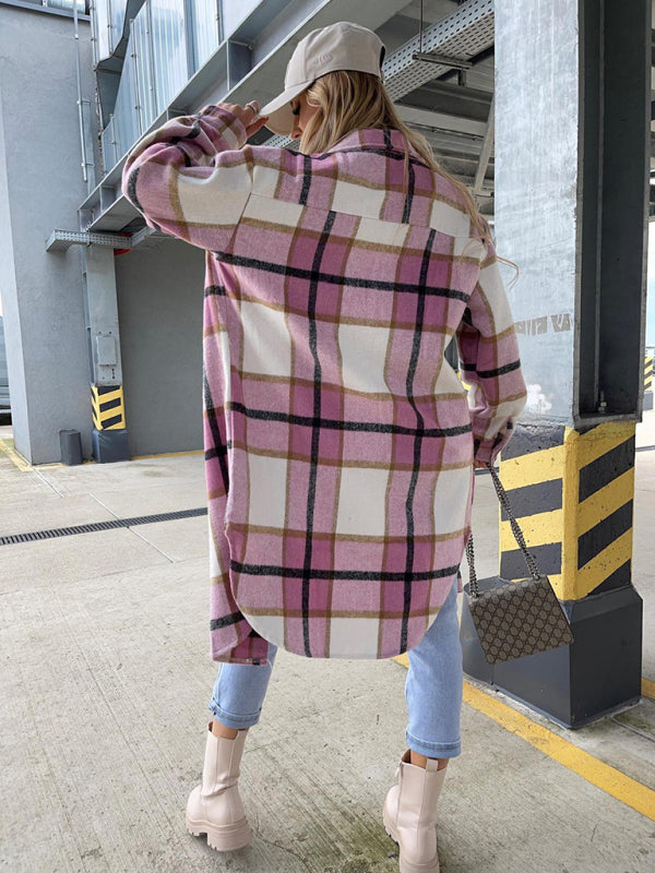 Single Breasted Plaid Long Sleeved Shirt Jacket