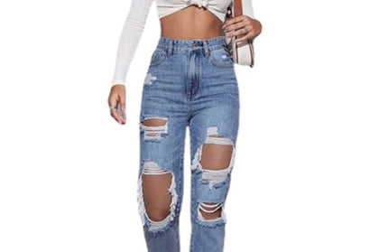Women's washed ripped high waist straight trousers - Hey Love Boutique