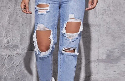 Women's washed ripped high waist straight trousers - Hey Love Boutique