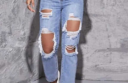 Women's washed ripped high waist straight trousers - Hey Love Boutique