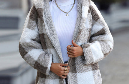 Plush Hooded Plaid Long Sleeve Loose Jacket