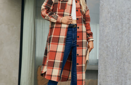 Plaid Button-Up Long Jacket with Flap Pockets