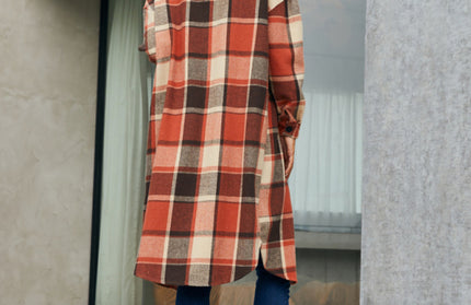 Plaid Button-Up Long Jacket with Flap Pockets