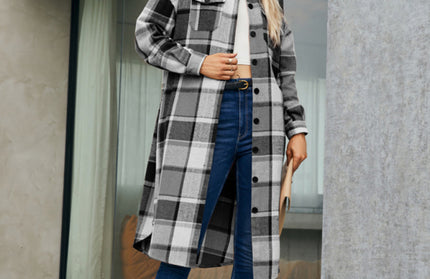 Plaid Button-Up Long Jacket with Flap Pockets