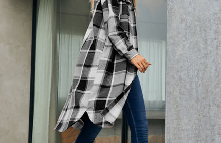 Plaid Button-Up Long Jacket with Flap Pockets