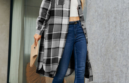 Plaid Button-Up Long Jacket with Flap Pockets