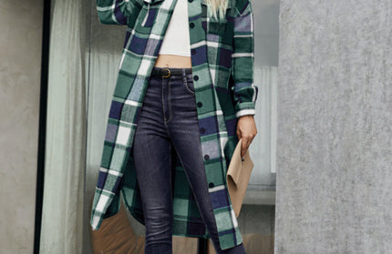 Plaid Button-Up Long Jacket with Flap Pockets