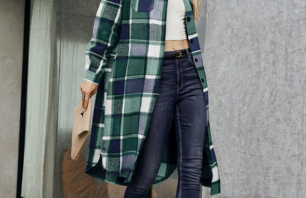 Plaid Button-Up Long Jacket with Flap Pockets
