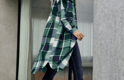 Plaid Button-Up Long Jacket with Flap Pockets