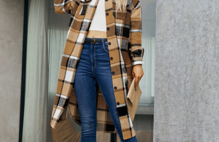 Plaid Button-Up Long Jacket with Flap Pockets