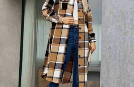 Plaid Button-Up Long Jacket with Flap Pockets