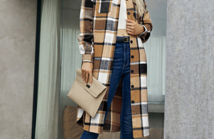 Plaid Button-Up Long Jacket with Flap Pockets