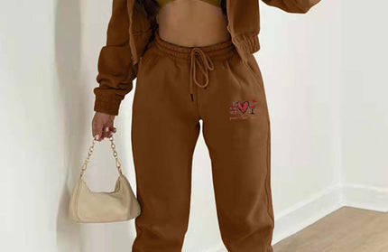 Valentine's Day + Christmas Love Wine Glass Printed Hooded 3 Pcs Pants Set