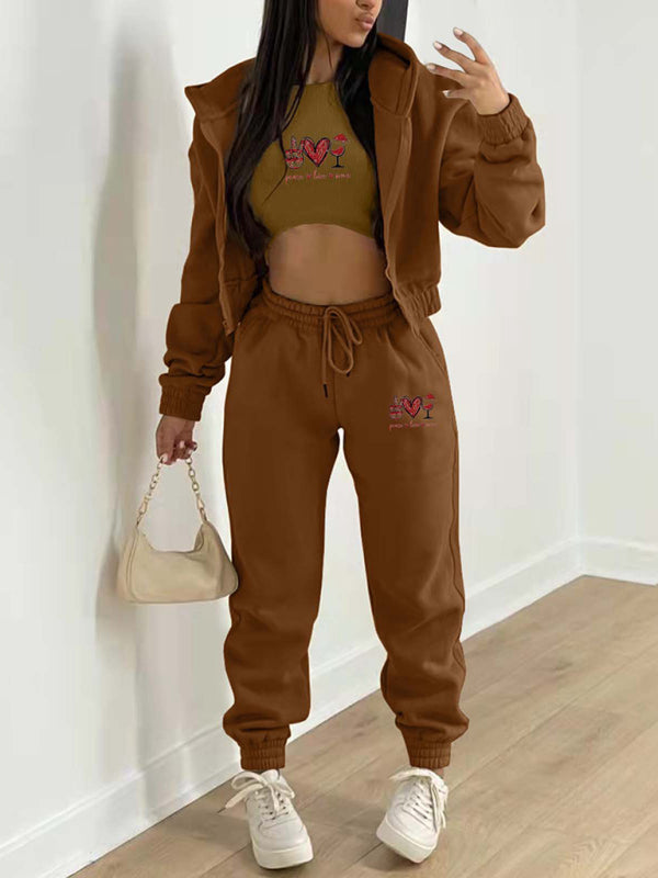Valentine's Day + Christmas Love Wine Glass Printed Hooded 3 Pcs Pants Set
