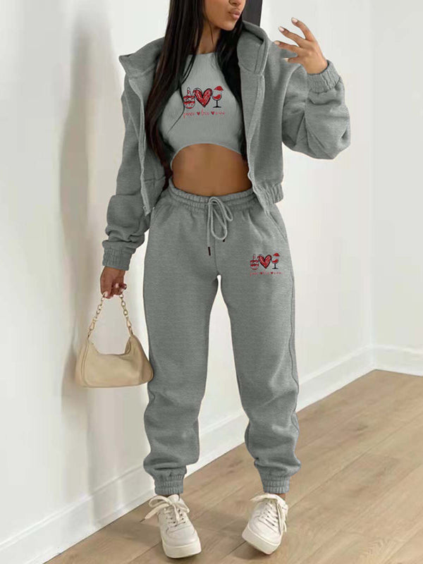 Valentine's Day + Christmas Love Wine Glass Printed Hooded 3 Pcs Pants Set