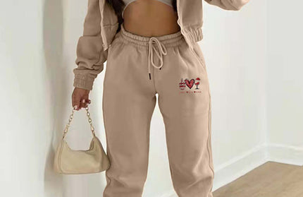 Valentine's Day + Christmas Love Wine Glass Printed Hooded 3 Pcs Pants Set