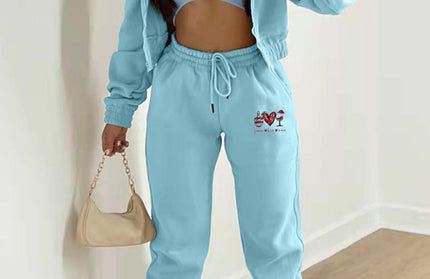 Valentine's Day + Christmas Love Wine Glass Printed Hooded 3 Pcs Pants Set