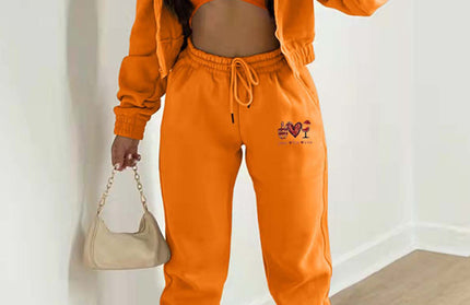 Valentine's Day + Christmas Love Wine Glass Printed Hooded 3 Pcs Pants Set