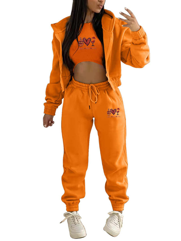 Valentine's Day + Christmas Love Wine Glass Printed Hooded 3 Pcs Pants Set