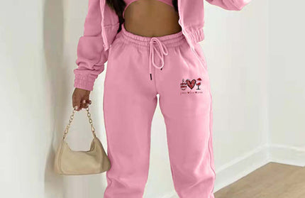 Valentine's Day + Christmas Love Wine Glass Printed Hooded 3 Pcs Pants Set