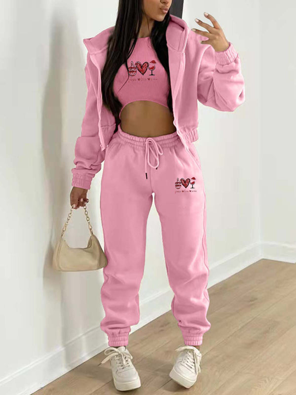 Valentine's Day + Christmas Love Wine Glass Printed Hooded 3 Pcs Pants Set