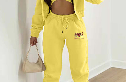 Valentine's Day + Christmas Love Wine Glass Printed Hooded 3 Pcs Pants Set