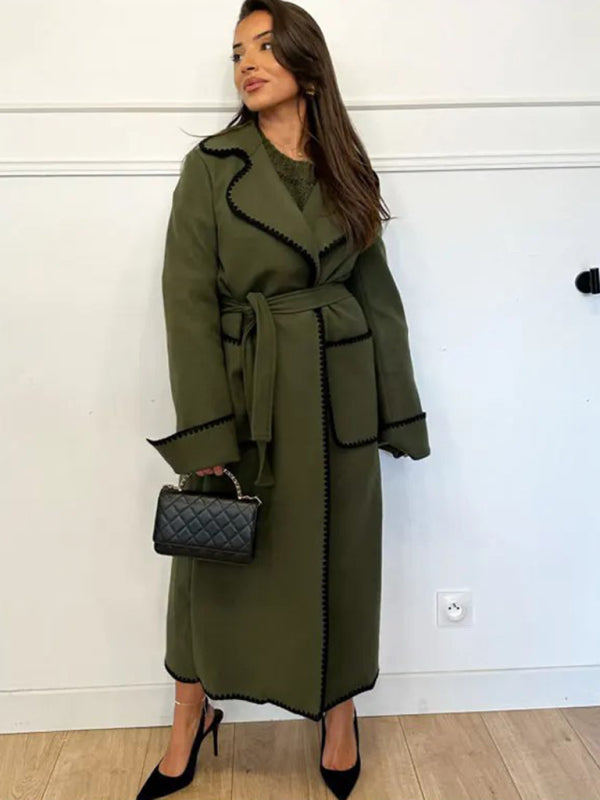 Long Sleeved Lapel Wool Lace-Up Coat