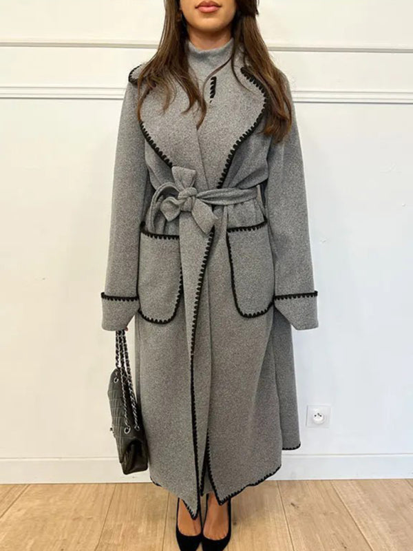 Long Sleeved Lapel Wool Lace-Up Coat