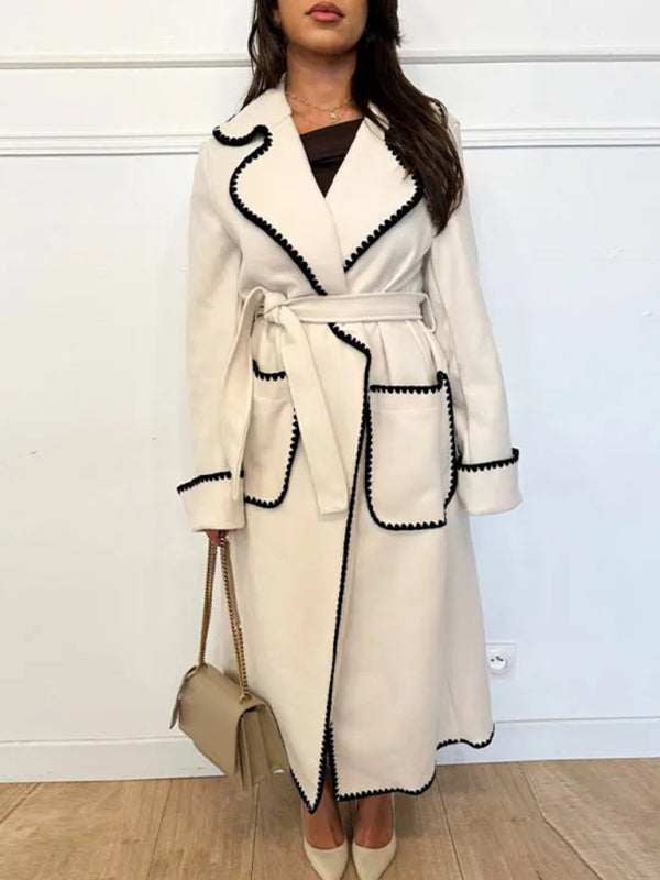 Long Sleeved Lapel Wool Lace-Up Coat