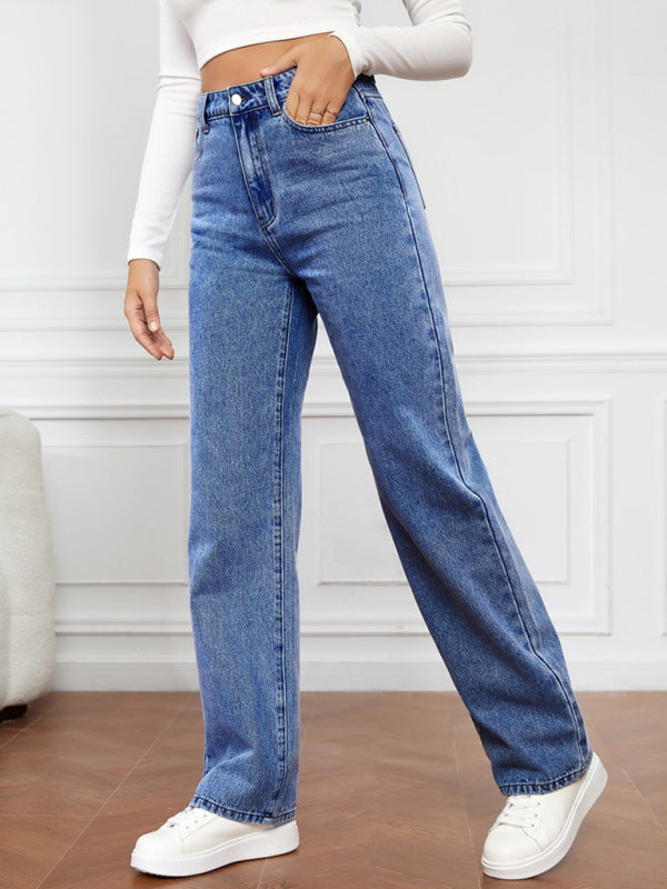 High Waist Washed Straight Leg Jeans
