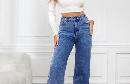 High Waist Washed Straight Leg Jeans