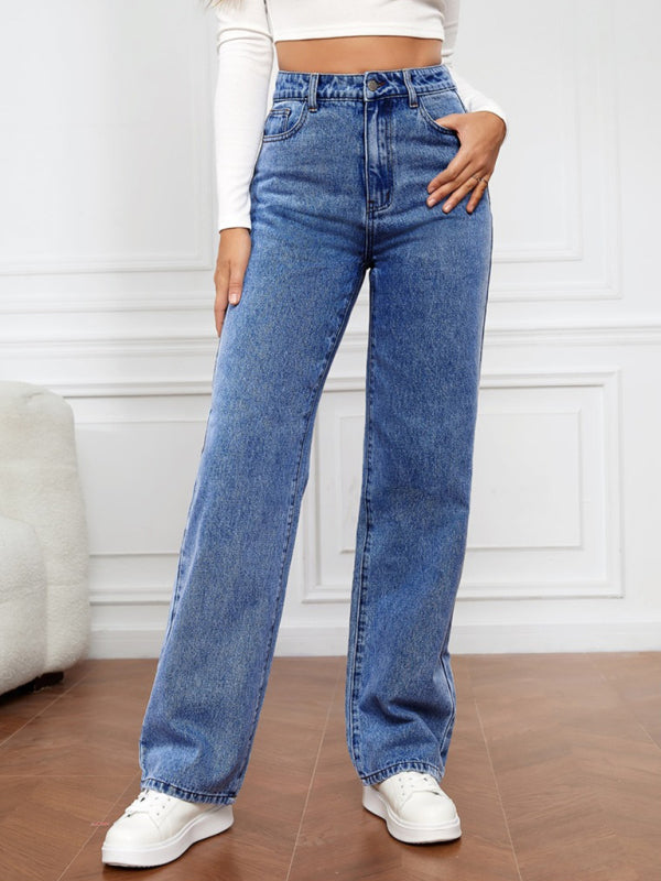 High Waist Washed Straight Leg Jeans