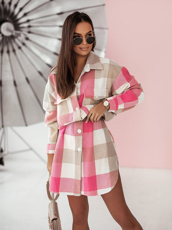 Plaid Long Windbreaker Shirt Jacket