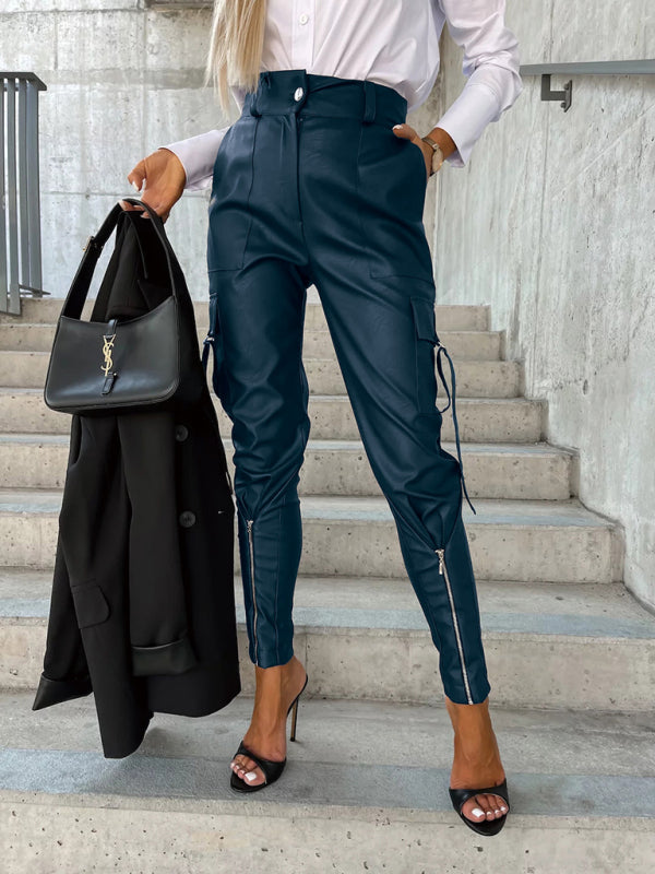 Slim Fit Leather Pants Pockets