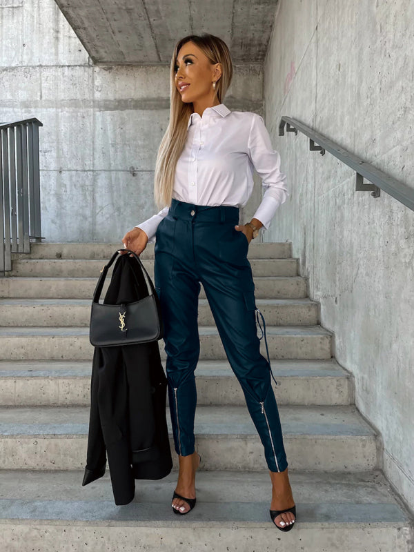Slim Fit Leather Pants Pockets