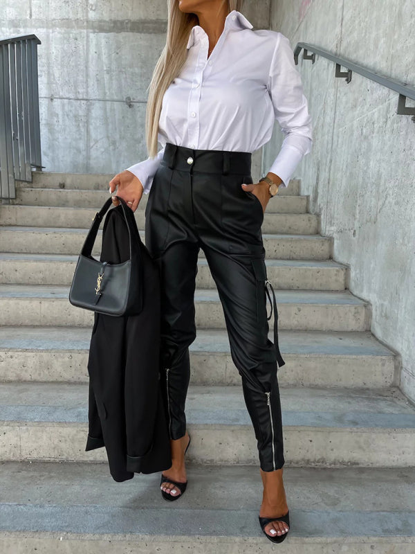 Slim Fit Leather Pants Pockets