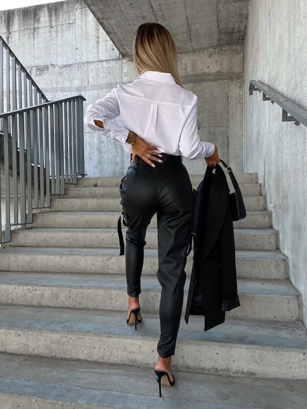 Slim Fit Leather Pants Pockets