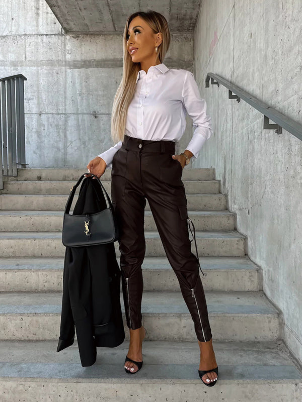 Slim Fit Leather Pants Pockets