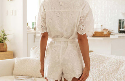 Embroidered Waist Short Short Sleeve Jumpsuit