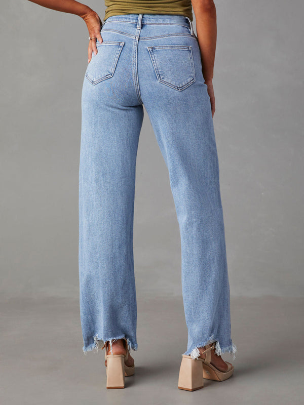 Loose Simple Tassel Straight Jeans