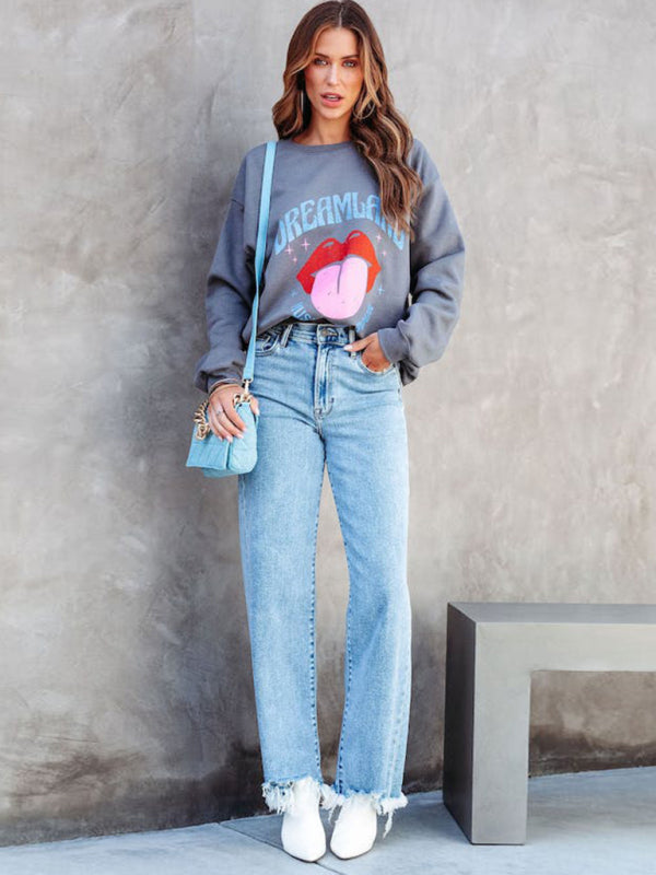 Loose Simple Tassel Straight Jeans