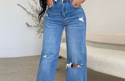 Women's long high waist ripped raw edge comfortable wide leg jeans - Hey Love Boutique