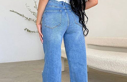 Women's long high waist ripped raw edge comfortable wide leg jeans - Hey Love Boutique