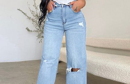 Women's long high waist ripped raw edge comfortable wide leg jeans - Hey Love Boutique