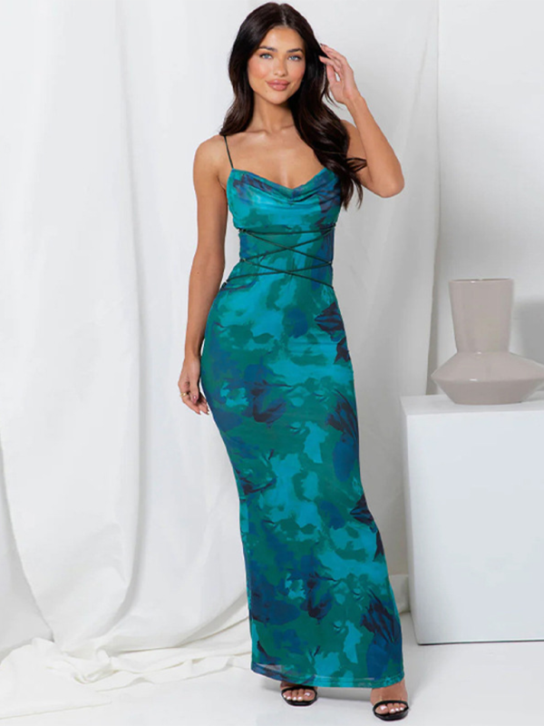 Backless Strappy Slim Printed Suspender Dress