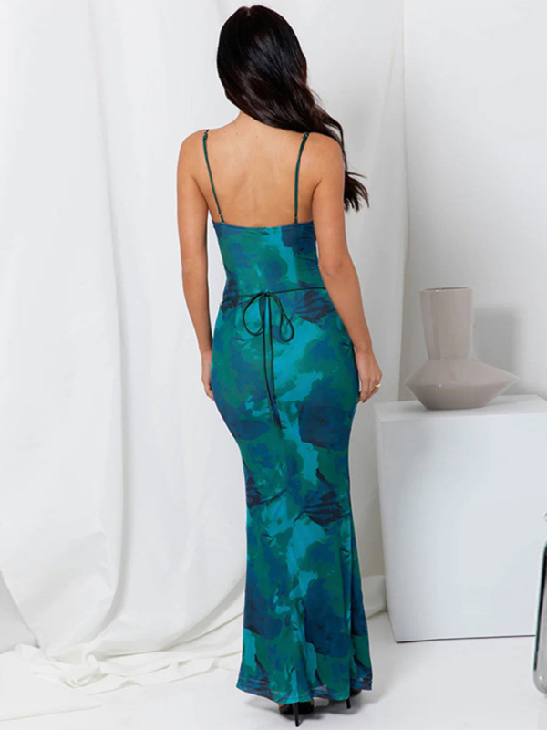 Backless Strappy Slim Printed Suspender Dress